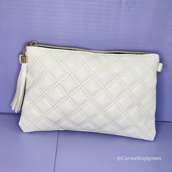 White And Gold Quilted Diamond Pattern Gold Tassel Clutch And Crossbody Purse ๐ - Picture 2 of 9